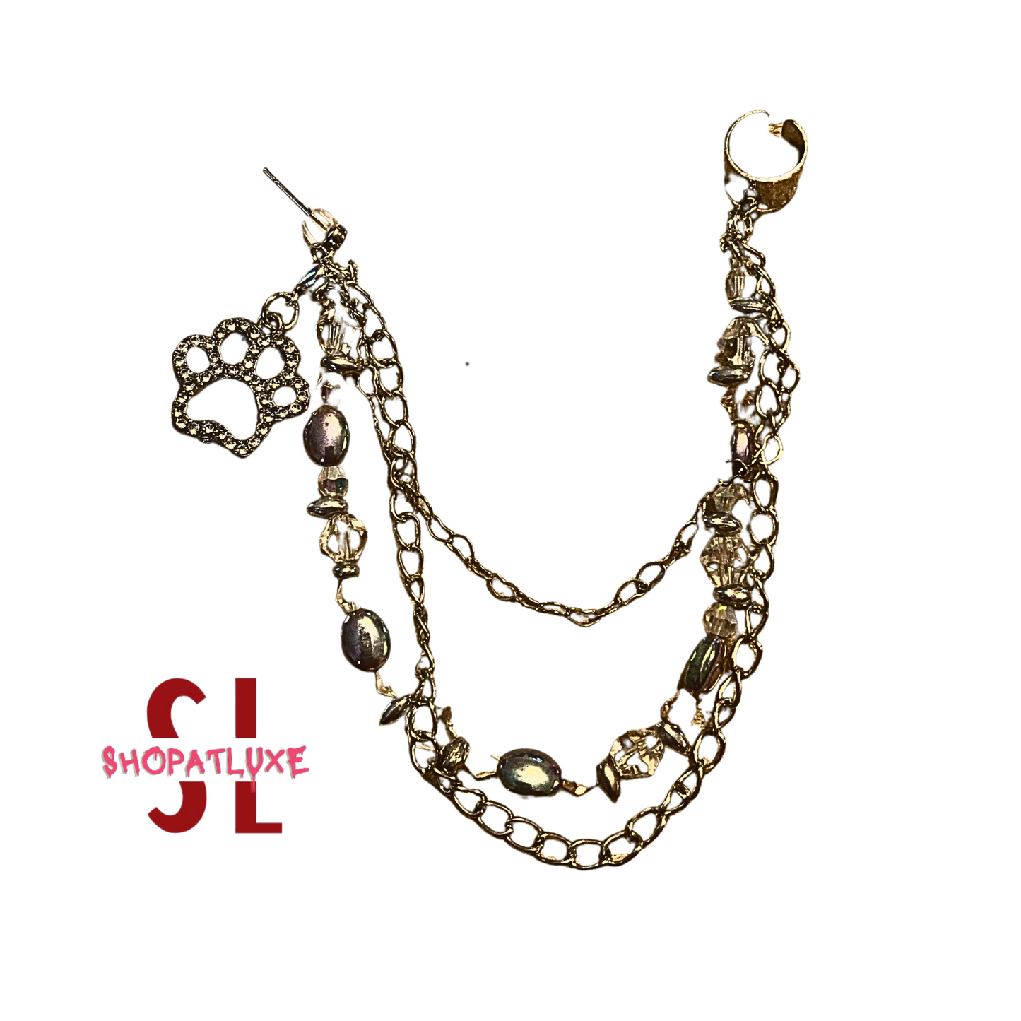 Pave Pawprint Beaded Ear Cuff And Chain