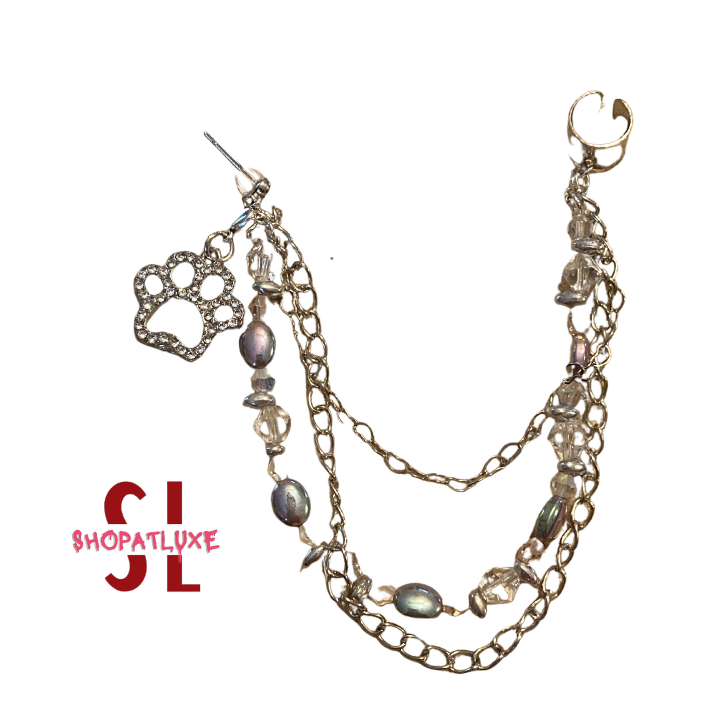 Pave Pawprint Beaded Ear Cuff And Chain