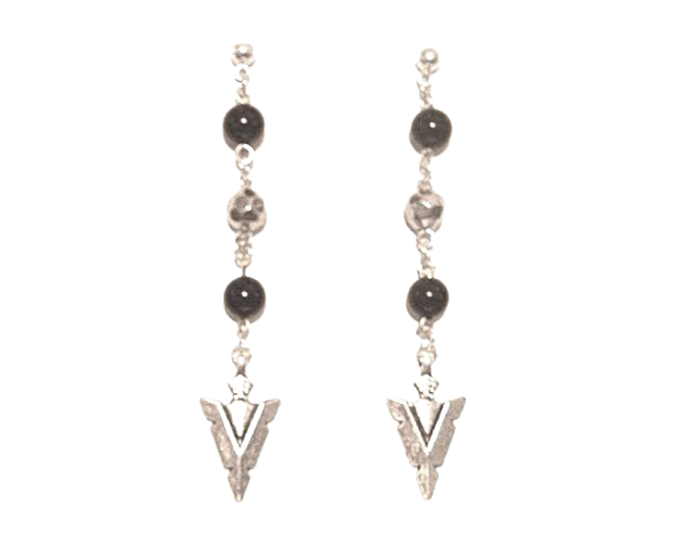 Onyx Beaded Silver Arrowhead Earrings