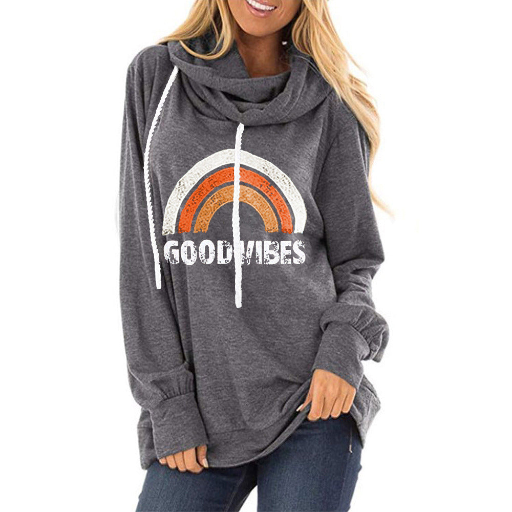 2021 autumn and winter women's new drawstring hooded sweater GOOD VIBES rainbow print loose pile collar hooded hoodie