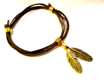 Boho Leather Wrap Bracelet With Feathers