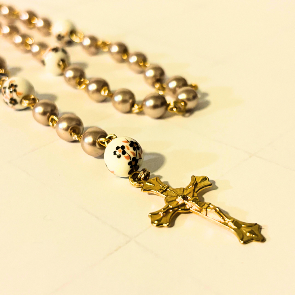 Champagne Glass And Porcelain Beaded Holy Rosary