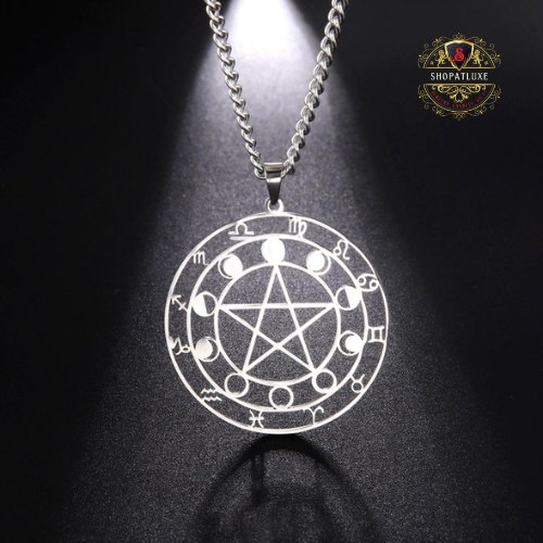 Zodiac And Moon Phases Pentacle Pendant Necklace