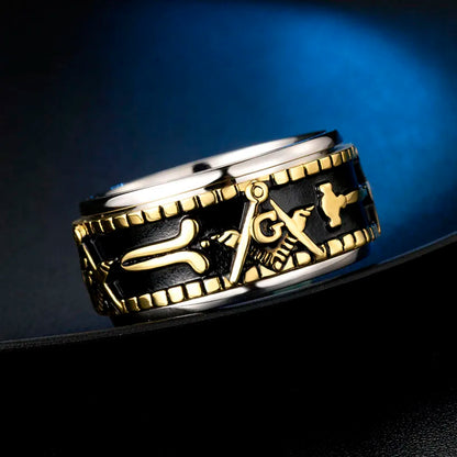 Valily Men's Gold Color Spinner Freemason Ring Stainless Steel Rune Rotating Mason Masonic Jewelry for Man