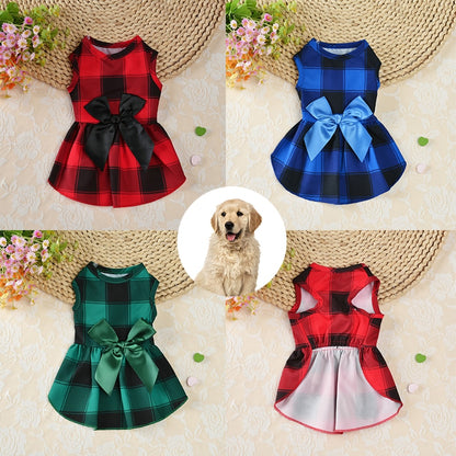 Plaid Print Big Bow Skirt Summer Dog Beach Princess Dress Pet Clothes for Small Medium Dogs Dog Clothes Holiday Dress Up