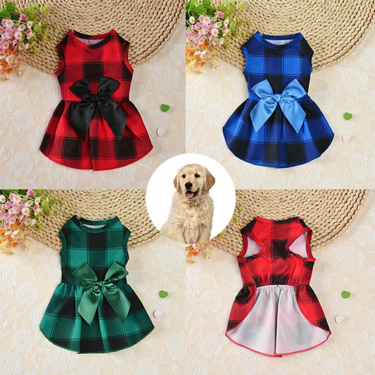 Plaid Print Big Bow Skirt Summer Dog Beach Princess Dress Pet Clothes for Small Medium Dogs Dog Clothes Holiday Dress Up