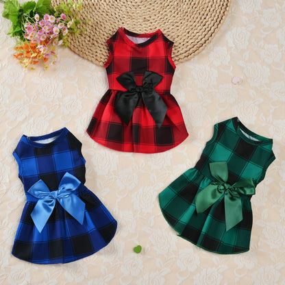 Plaid Print Big Bow Skirt Summer Dog Beach Princess Dress Pet Clothes for Small Medium Dogs Dog Clothes Holiday Dress Up