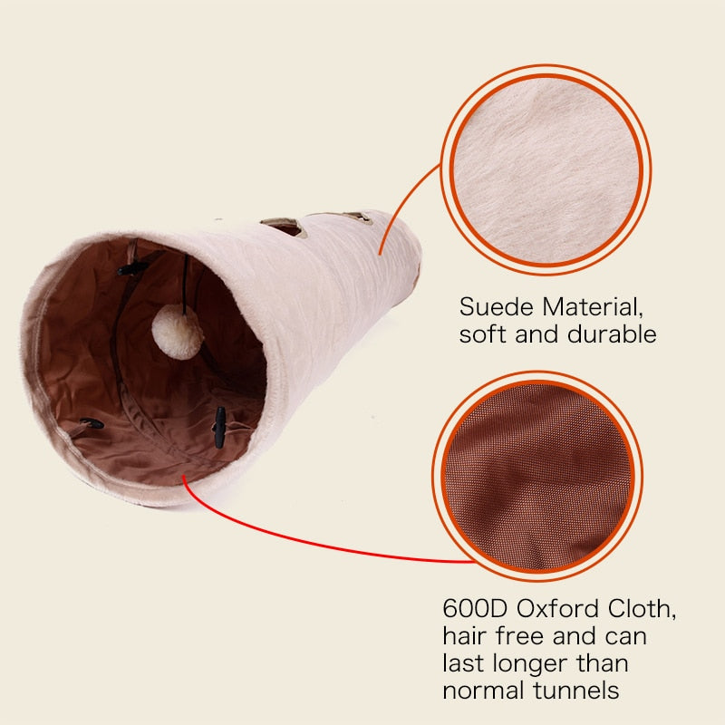PAWZRoad Cat Tunnel 120cm Long Suede Comfortable Fabrics Adjustable Shape 2 Holes Collapsible With Ball  Puppy Rabbit Pet Toys