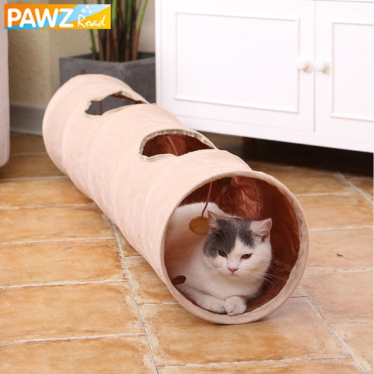 PAWZRoad Cat Tunnel 120cm Long Suede Comfortable Fabrics Adjustable Shape 2 Holes Collapsible With Ball  Puppy Rabbit Pet Toys