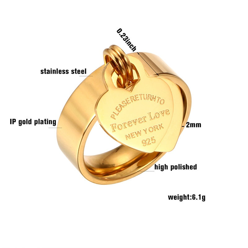 Rose Gold Plating Girl Women Ring Stainless Steel Charm Finger Rings Sweet Heart Trendy Female Ring Jewelry Gift Multi-size