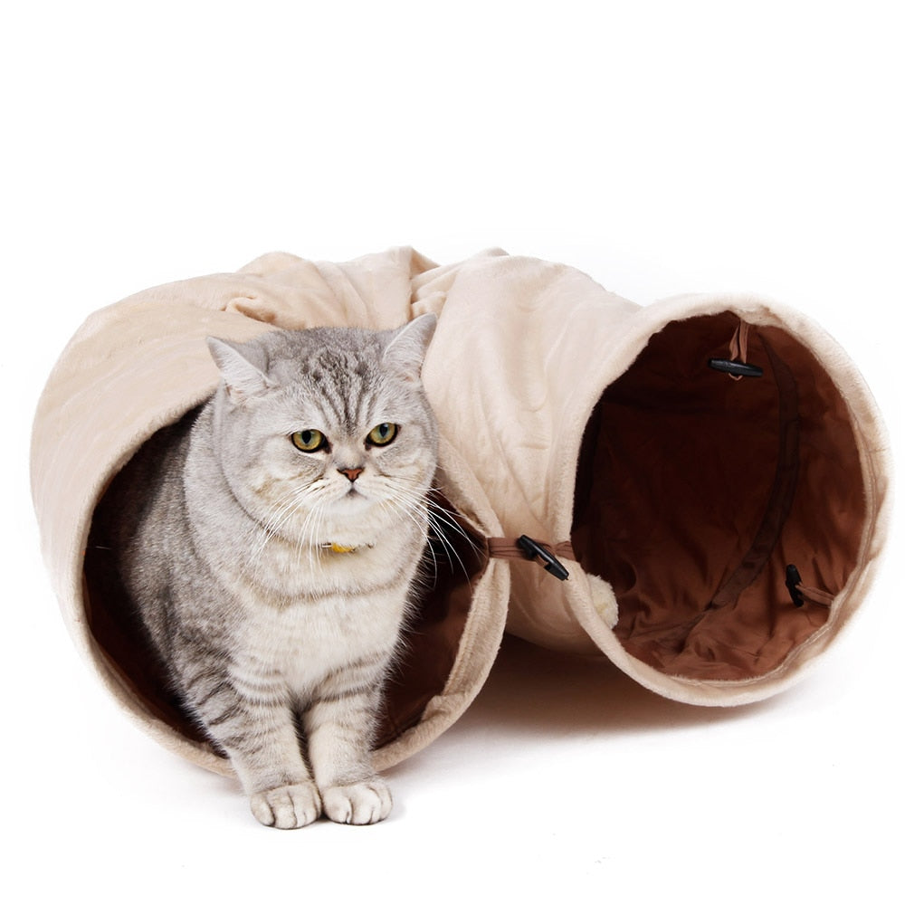 PAWZRoad Cat Tunnel 120cm Long Suede Comfortable Fabrics Adjustable Shape 2 Holes Collapsible With Ball  Puppy Rabbit Pet Toys