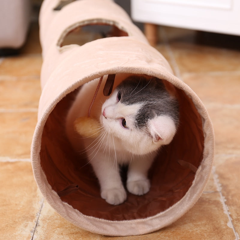 PAWZRoad Cat Tunnel 120cm Long Suede Comfortable Fabrics Adjustable Shape 2 Holes Collapsible With Ball  Puppy Rabbit Pet Toys