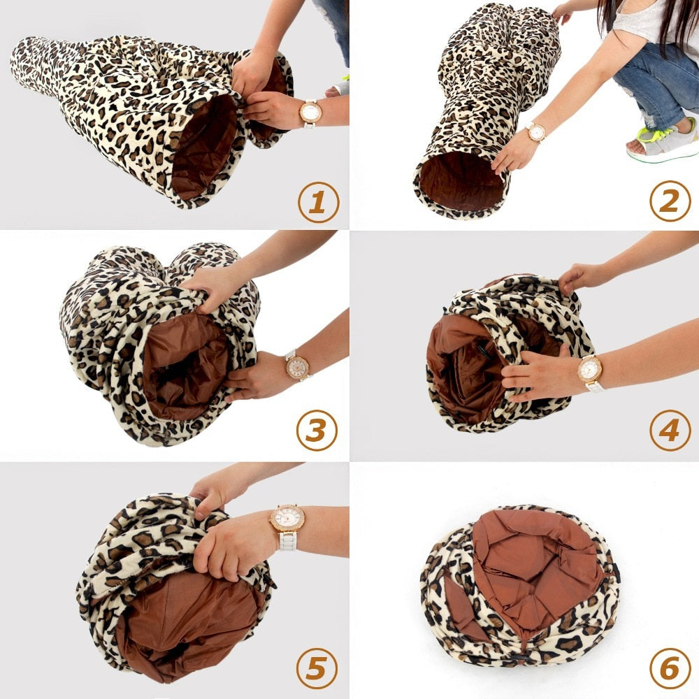 Pet Play Tunnel Pet Cat Tunnel Leopard Print Crinkly 3 Ways Fun Tunnel Ball Kitten Play Toy Collapsible Rabbit Toys Cat Products