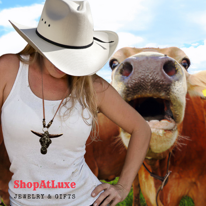 Happy Longhorn Western Style Leather Necklace