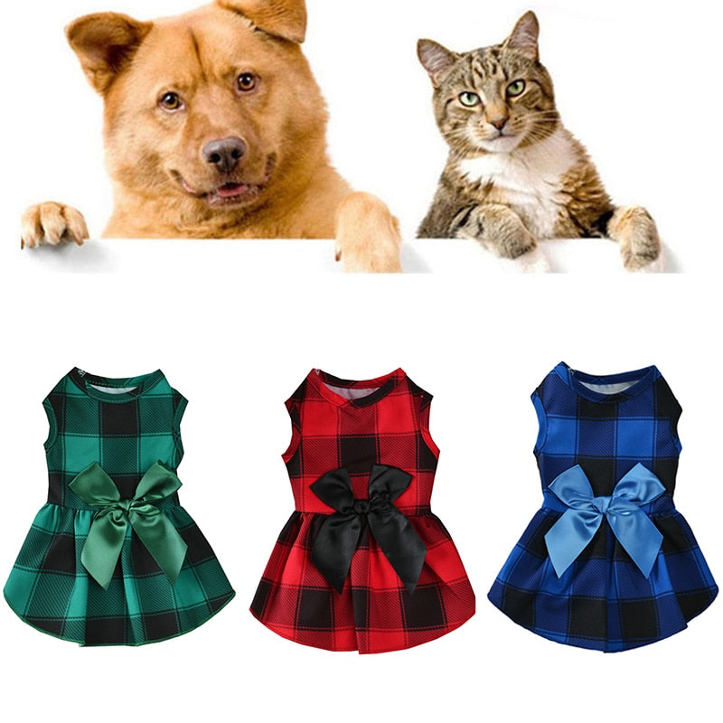 Plaid Print Big Bow Skirt Summer Dog Beach Princess Dress Pet Clothes for Small Medium Dogs Dog Clothes Holiday Dress Up