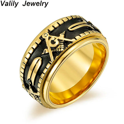 Valily Men's Gold Color Spinner Freemason Ring Stainless Steel Rune Rotating Mason Masonic Jewelry for Man