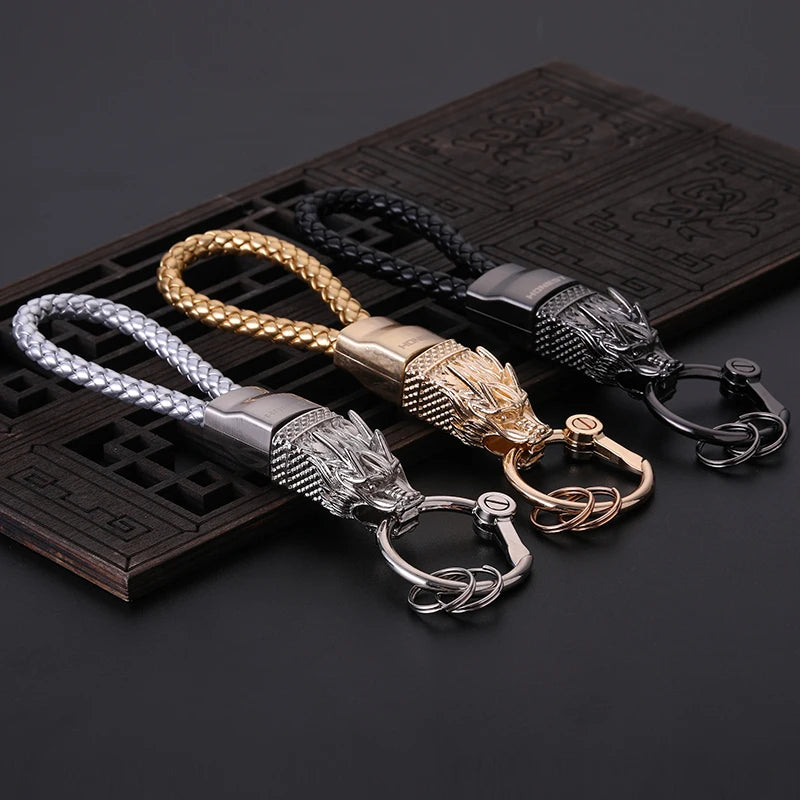 Honest Luxury Men Women Car Keychain Leapard Dragon Genuine Leather Rope Key Ring for Male Jewelry Creativity Gift Wholesale