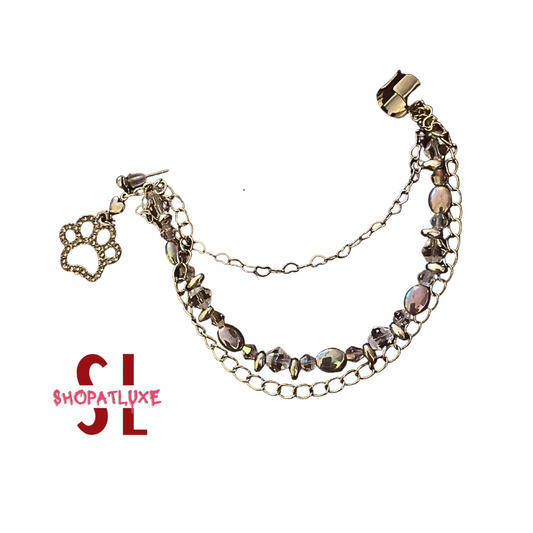 Pave Pawprint Beaded Ear Cuff And Chain