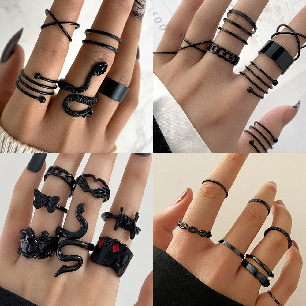 Vintage Gothic Metal Rings Set for Women Girls Geometric Retro Multi Knuckle Joint Finger Ring Personality Snake Trendy Jewelry