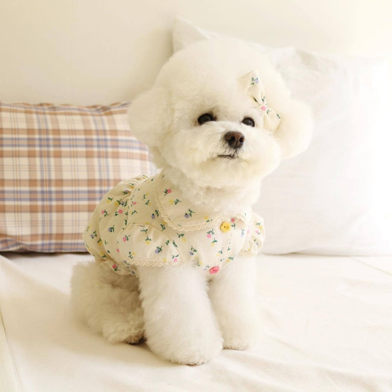 INS CottonDog Skirt floral dress with small buttons Exquisite Lace Print Bow Puppy Dress Bichon Pet Cat Princess Dog Clothes