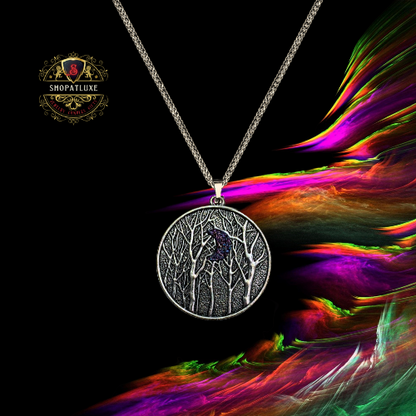 Silver Trees At Night Amulet Necklace