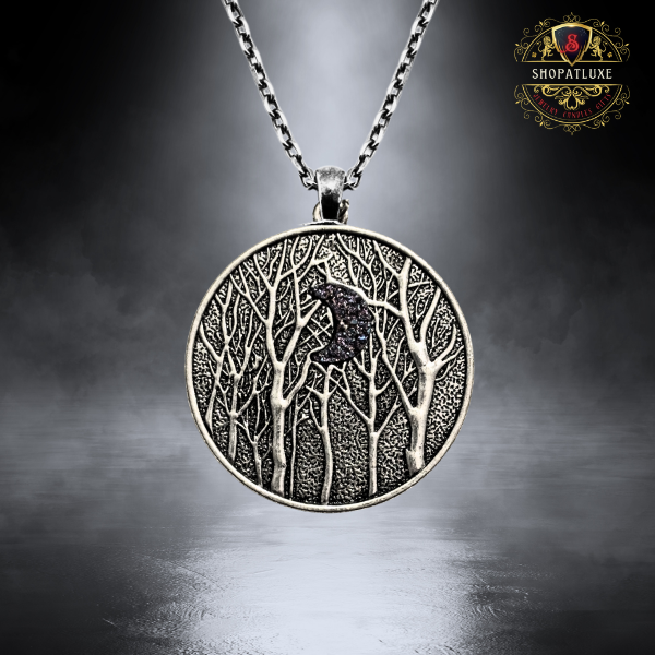 Silver Trees At Night Amulet Necklace