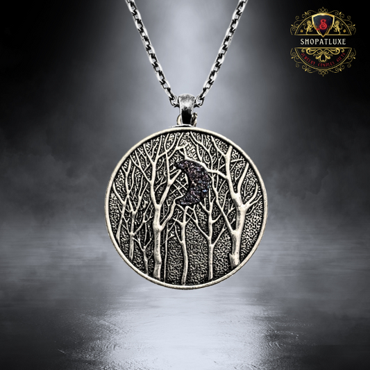 Silver Trees At Night Amulet Necklace