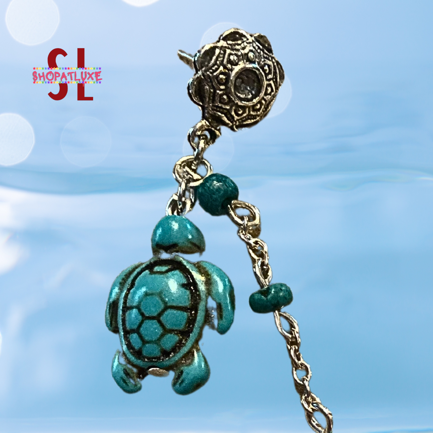 Turquoise Beaded Ear Cuff And Chain With Turtle Charm