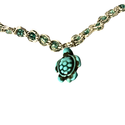 SEA GLASS BEADED NECKLACE WITH TURQUOISE TURTLE