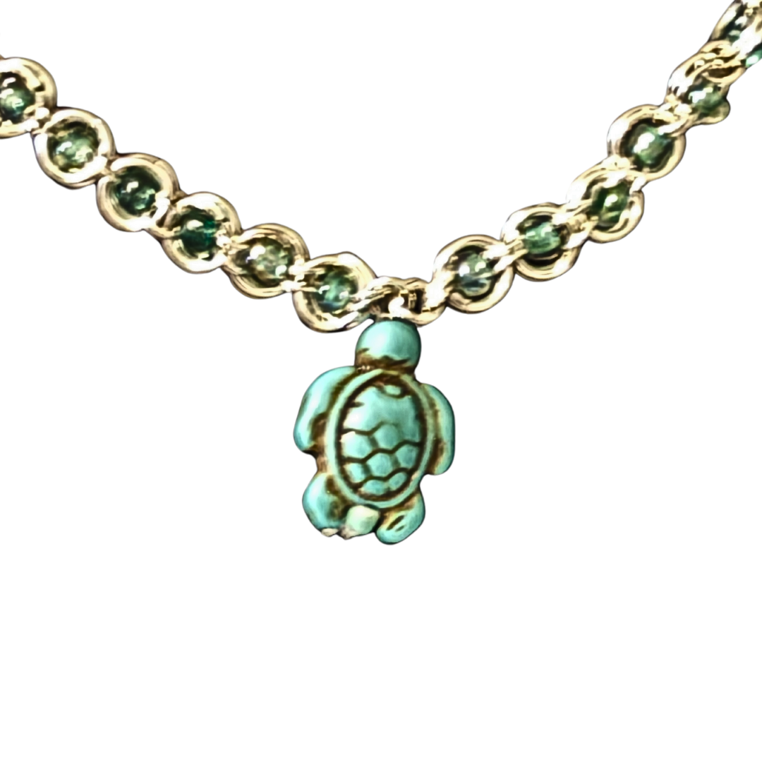 SEA GLASS BEADED NECKLACE WITH TURQUOISE TURTLE