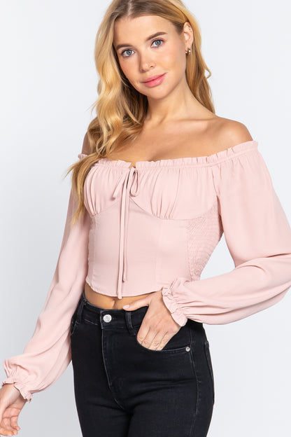 Off Shoulder Smocking Woven Top