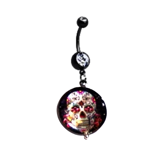 Black Chrome Finish Sugar Skull Belly Ring