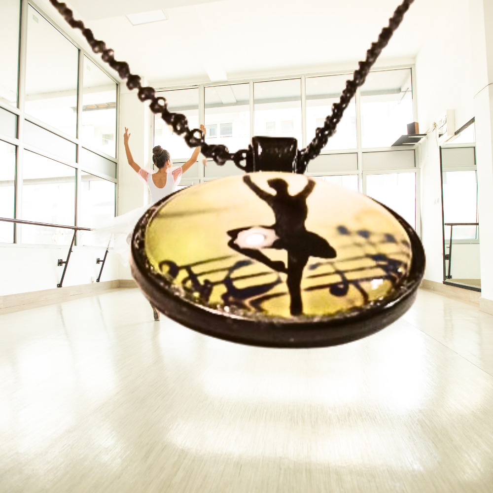 On Pirouette Ballet Dancer Cabochon Black Link Necklace
