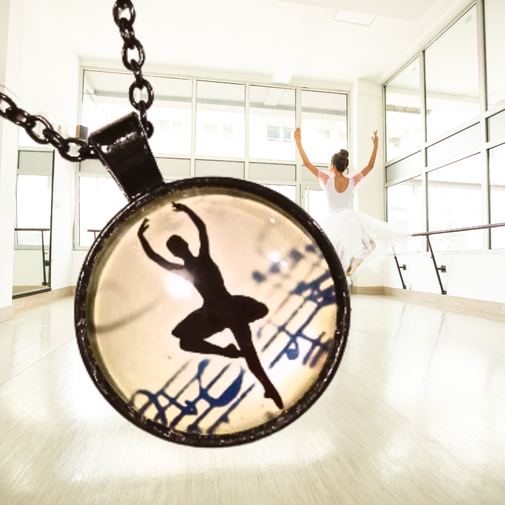 On Pirouette Ballet Dancer Cabochon Black Link Necklace