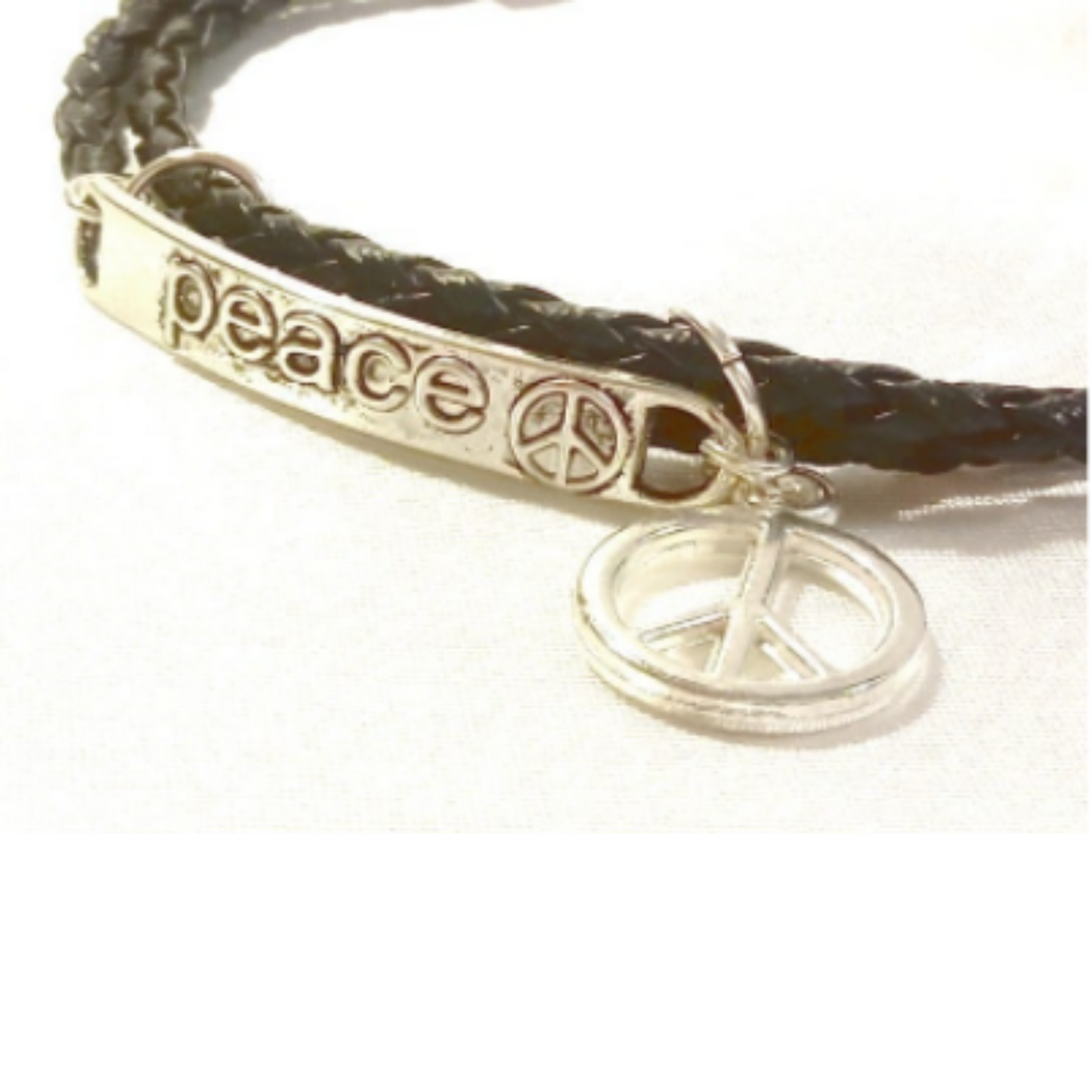 Peace Sign Black Leather Wrap Bracelet