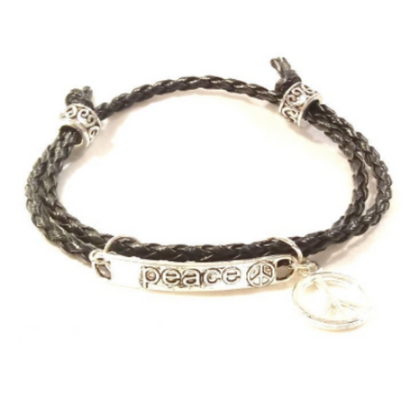 Peace Sign Black Leather Wrap Bracelet