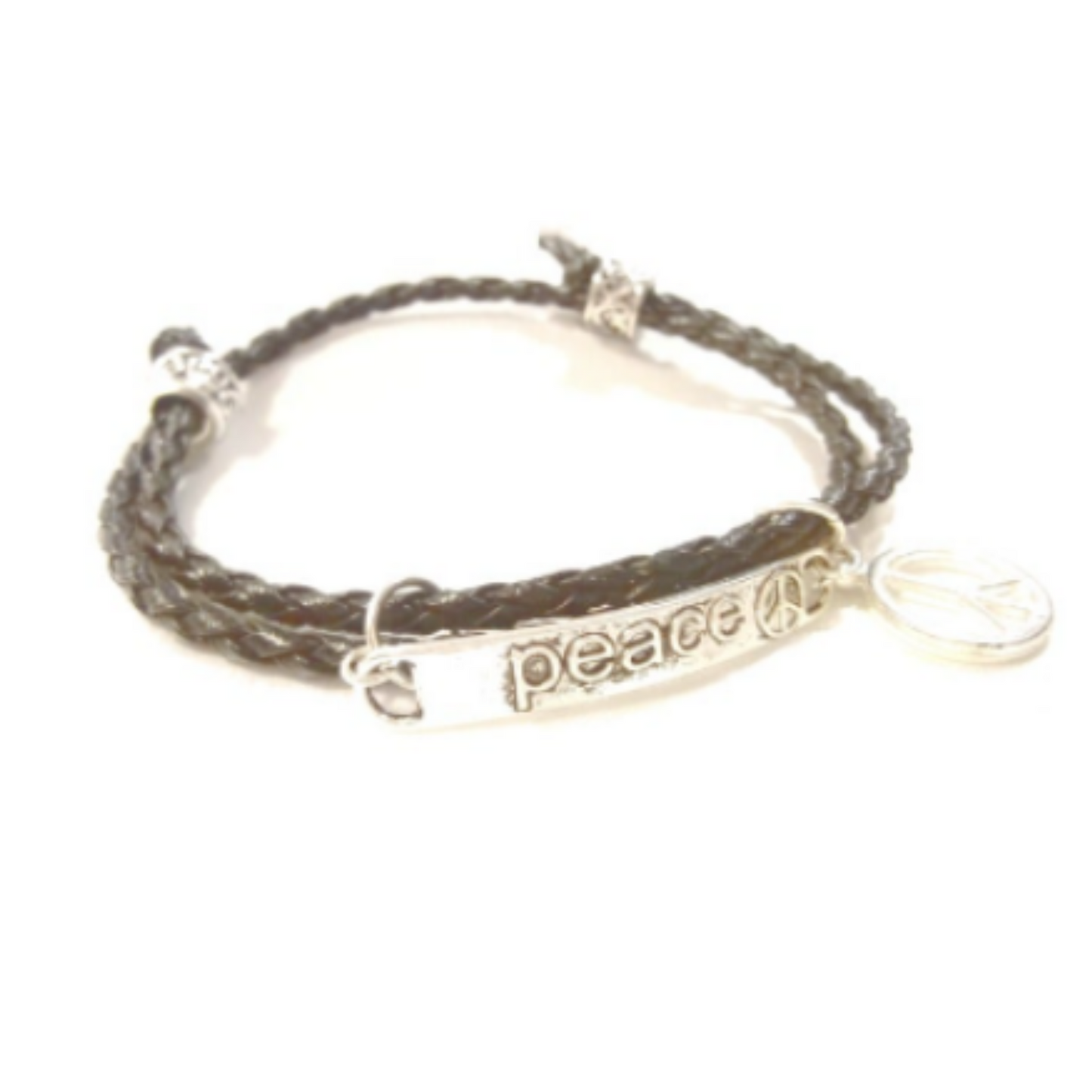 Peace Sign Black Leather Wrap Bracelet