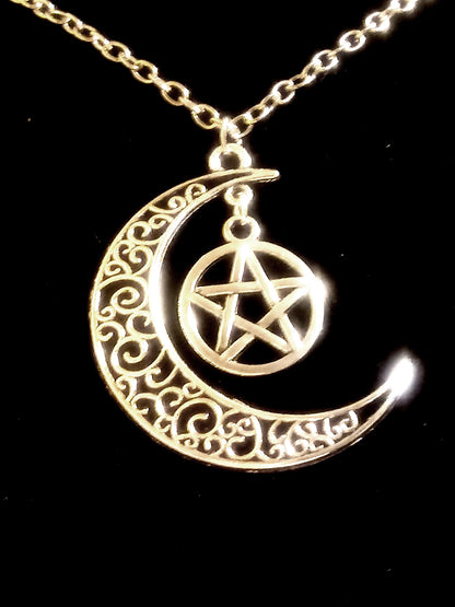 Silver Crescent Moon And Star Necklace