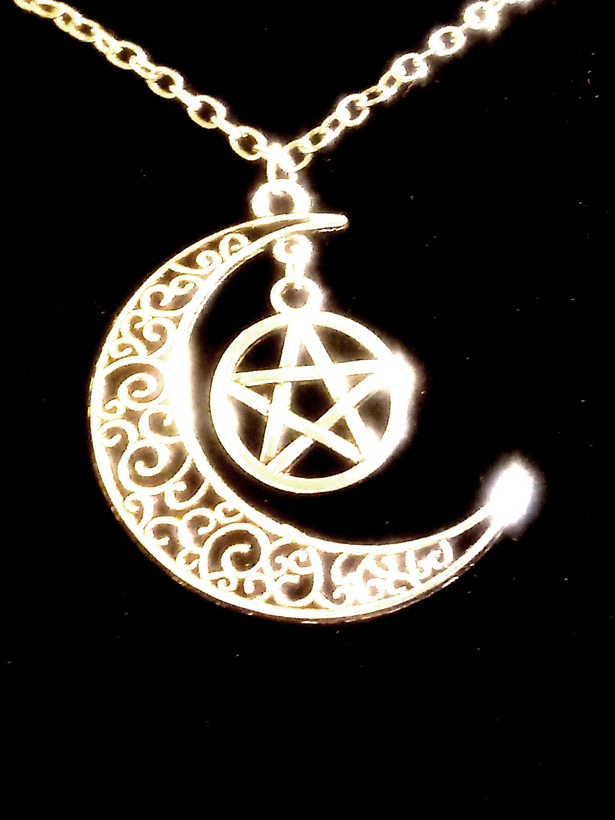 Silver Crescent Moon And Star Necklace