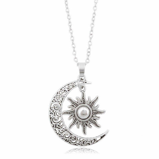 Antique Silver Crescent Moon And Sun Necklace