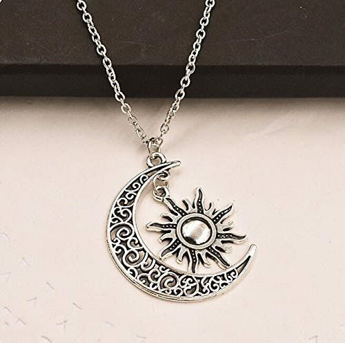 Antique Silver Crescent Moon And Sun Necklace