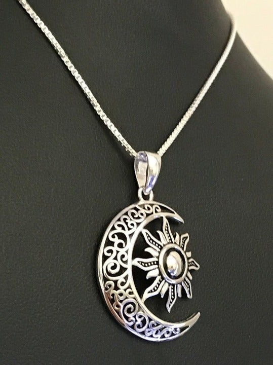 Silver Crescent Moon And Sun Necklace