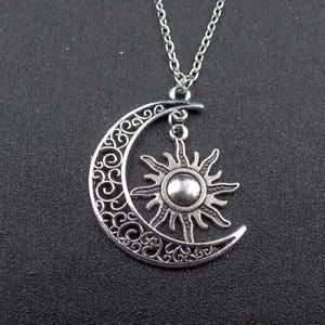 Antique Silver Crescent Moon And Sun Necklace