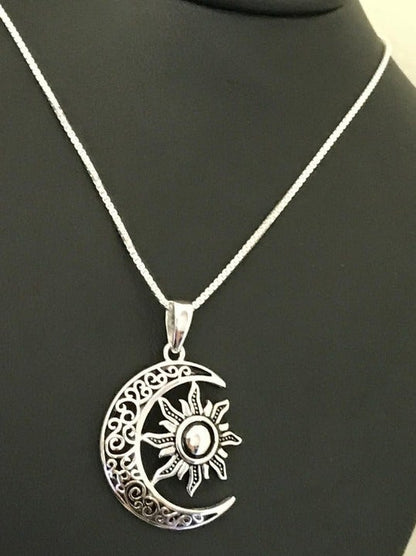 Silver Crescent Moon And Sun Necklace