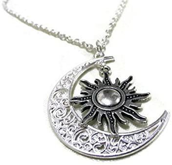 Silver Crescent Moon And Sun Necklace