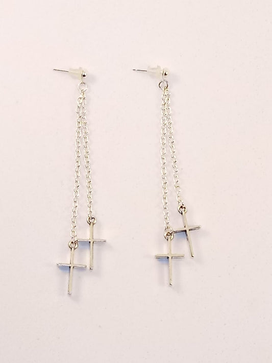 Twin Silver Cross Dangle Earrings