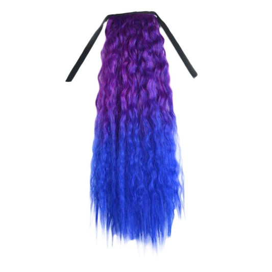 Wavy Curly Wrap Around Ponytail Wig Extension Woman Drawstring Synthetic Hair Extension Fluffy Hairpiece,Purple to Blue Halloween Dress Up Cosplay