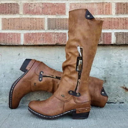 New Women Knee High Boots Winter Western Punk Boots Winter Warm Shoes Side Zipper Woman Cowboy Boots Ladies Booties Female Shoes