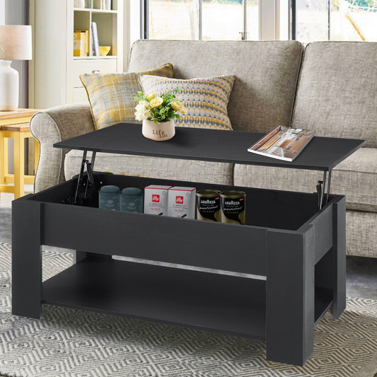 Wooden Lift Top Coffee Table, All Painted, w/Hidden Storage Compartment & Lower 3 Cube Open Shelves for Living Room/Reception Room/Office, Black