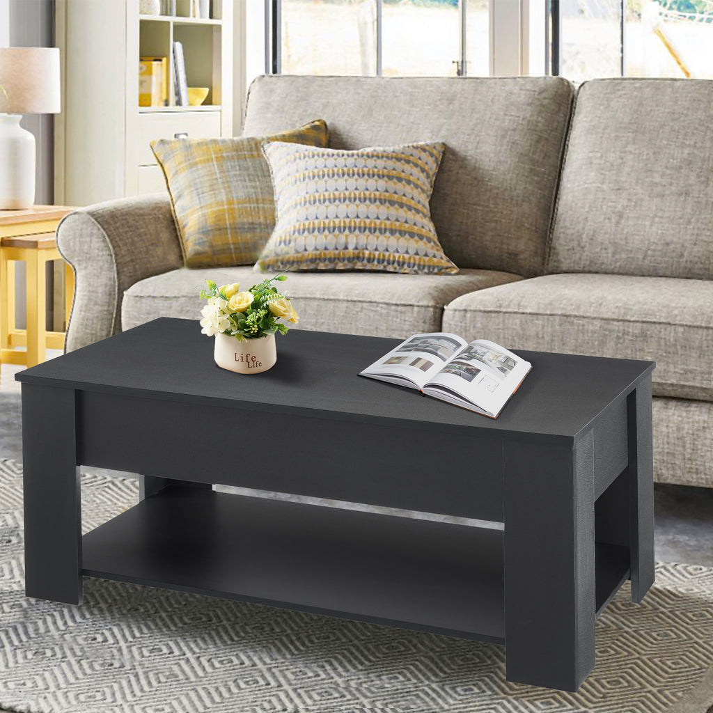 Wooden Lift Top Coffee Table, All Painted, w/Hidden Storage Compartment & Lower 3 Cube Open Shelves for Living Room/Reception Room/Office, Black